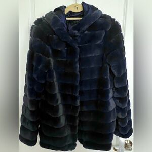 Steel Blue Faux Fur Mink, Steel Blue, Hooded Jacket Coat, NWT
